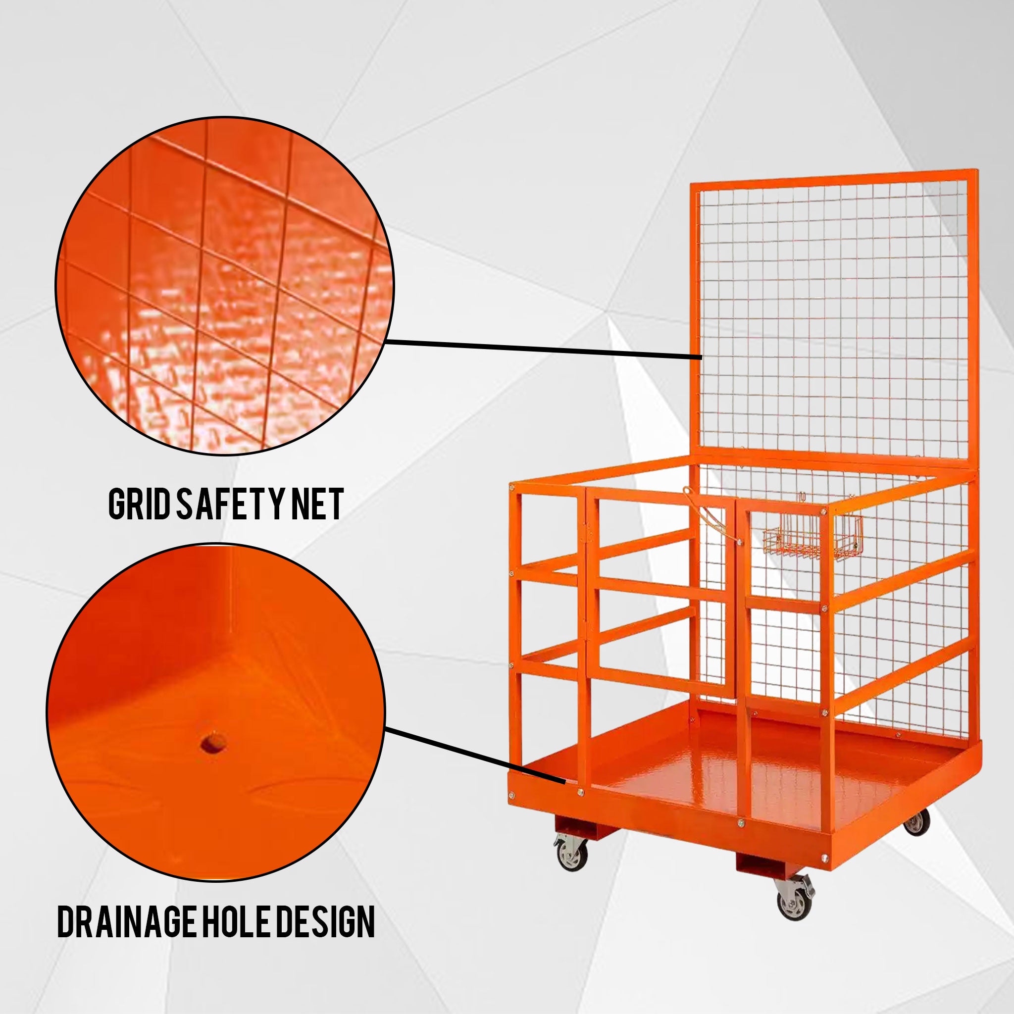 NOVAFORKLIFT commercial-grade forklift work platform meets OSHA standards for forklift safety cages, foldable lifting baskets, aerial platforms with seat belts and locks, drainage holes, wheels, and tool baskets, used for lifting loaders