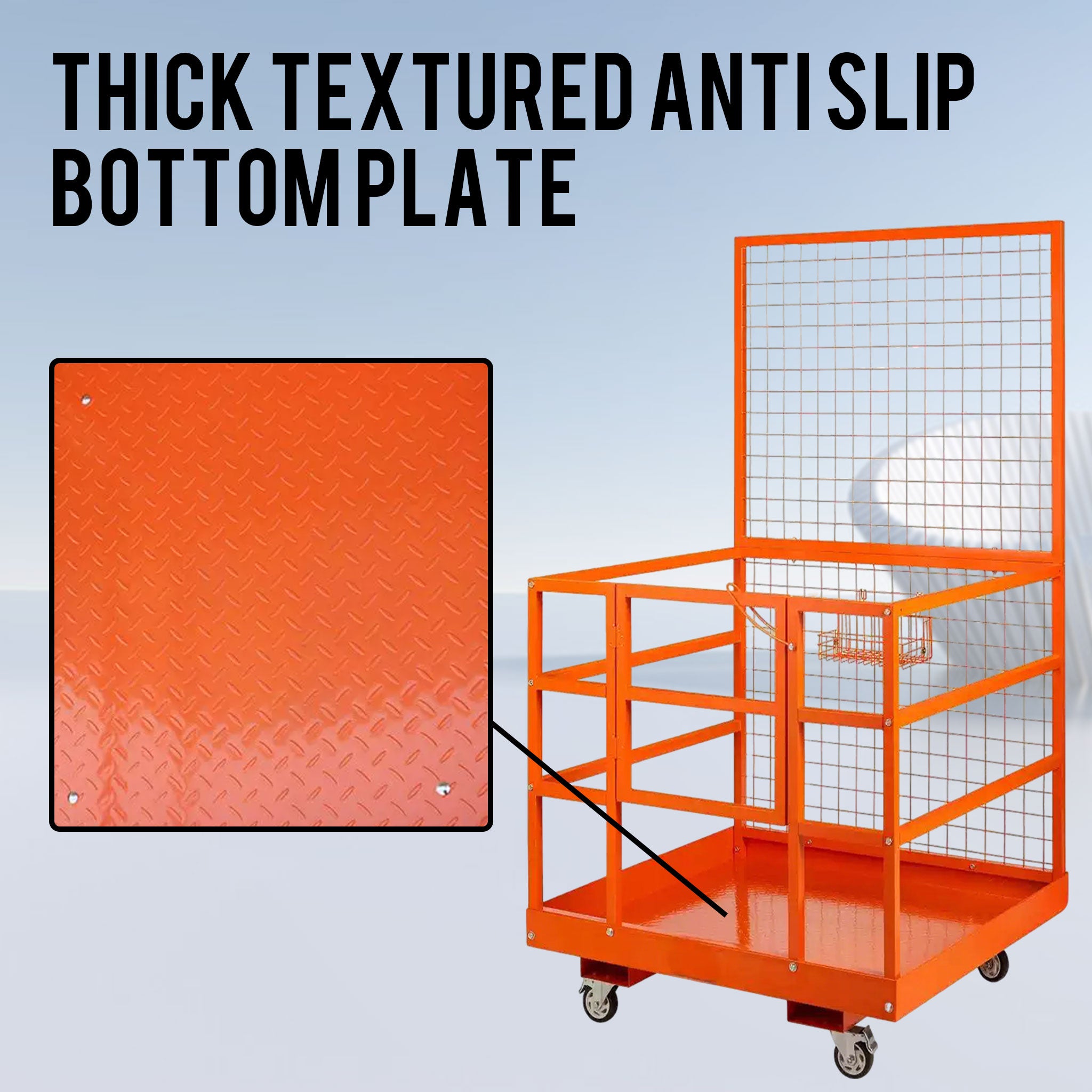 NOVAFORKLIFT commercial-grade forklift work platform meets OSHA standards for forklift safety cages, foldable lifting baskets, aerial platforms with seat belts and locks, drainage holes, wheels, and tool baskets, used for lifting loaders