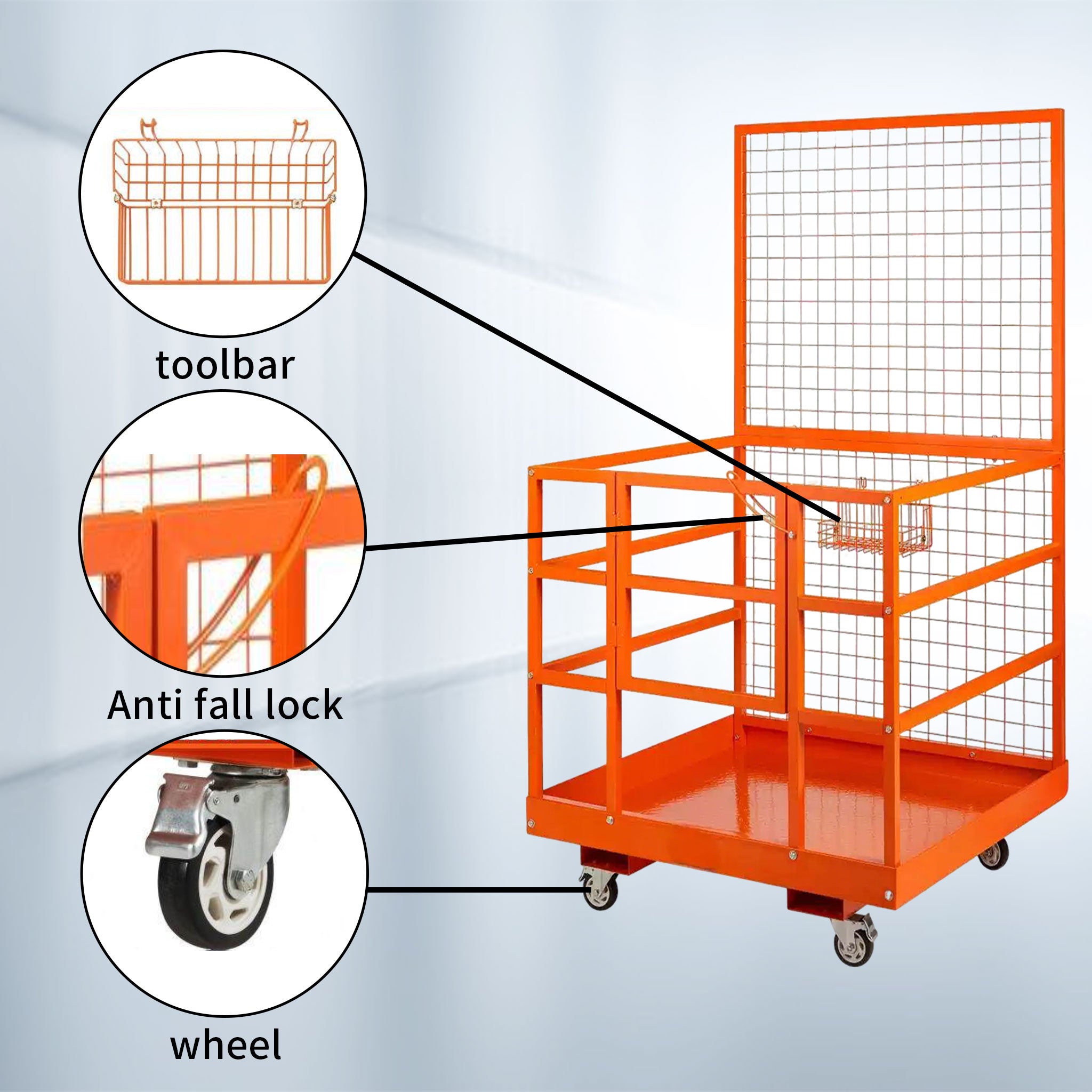 NOVAFORKLIFT commercial-grade forklift work platform meets OSHA standards for forklift safety cages, foldable lifting baskets, aerial platforms with seat belts and locks, drainage holes, wheels, and tool baskets, used for lifting loaders