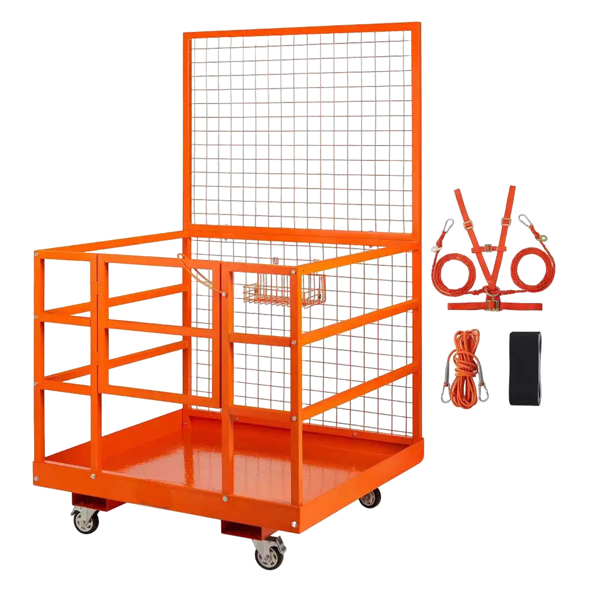 NOVAFORKLIFT commercial-grade forklift work platform meets OSHA standards for forklift safety cages, foldable lifting baskets, aerial platforms with seat belts and locks, drainage holes, wheels, and tool baskets, used for lifting loaders
