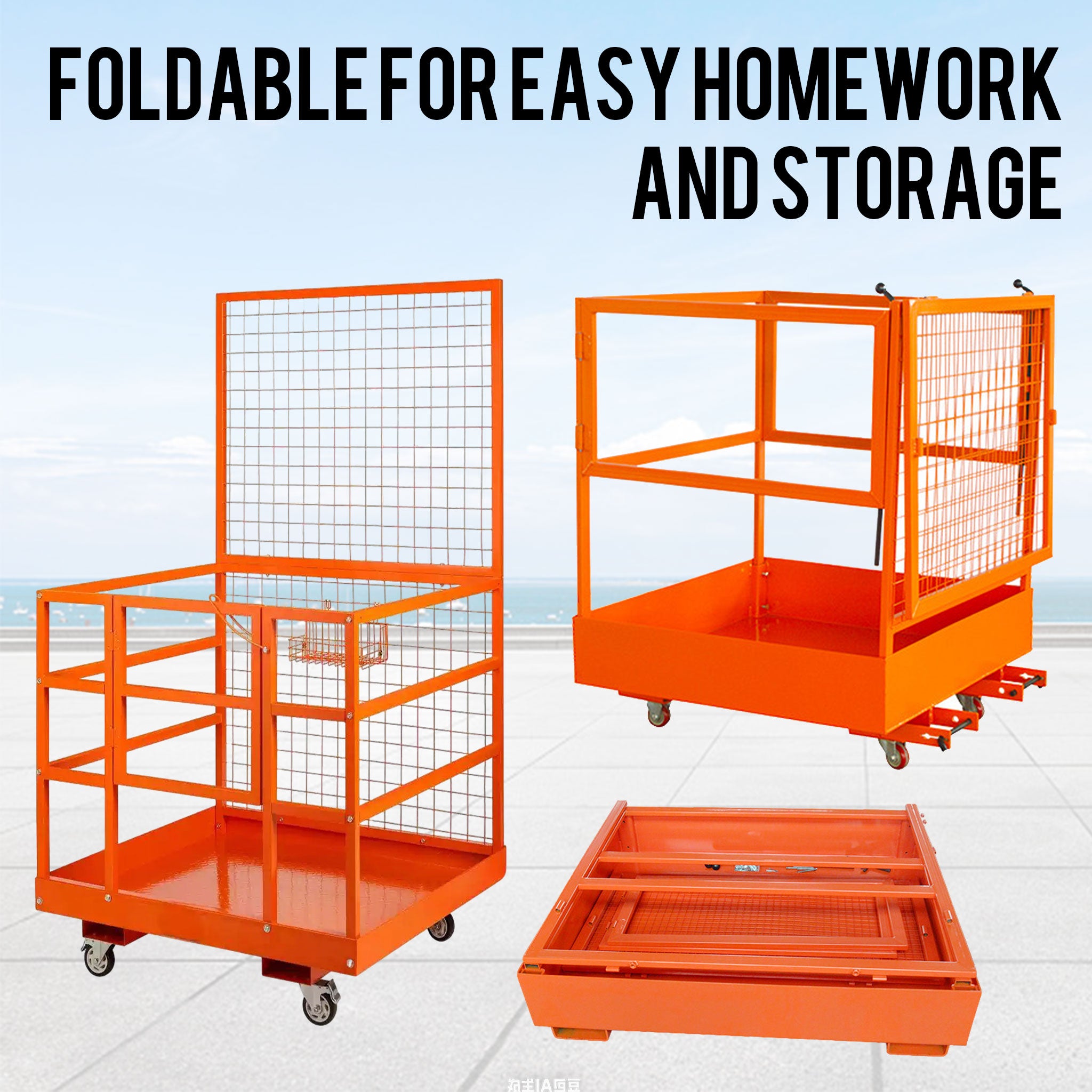 NOVAFORKLIFT commercial-grade forklift work platform meets OSHA standards for forklift safety cages, foldable lifting baskets, aerial platforms with seat belts and locks, drainage holes, wheels, and tool baskets, used for lifting loaders