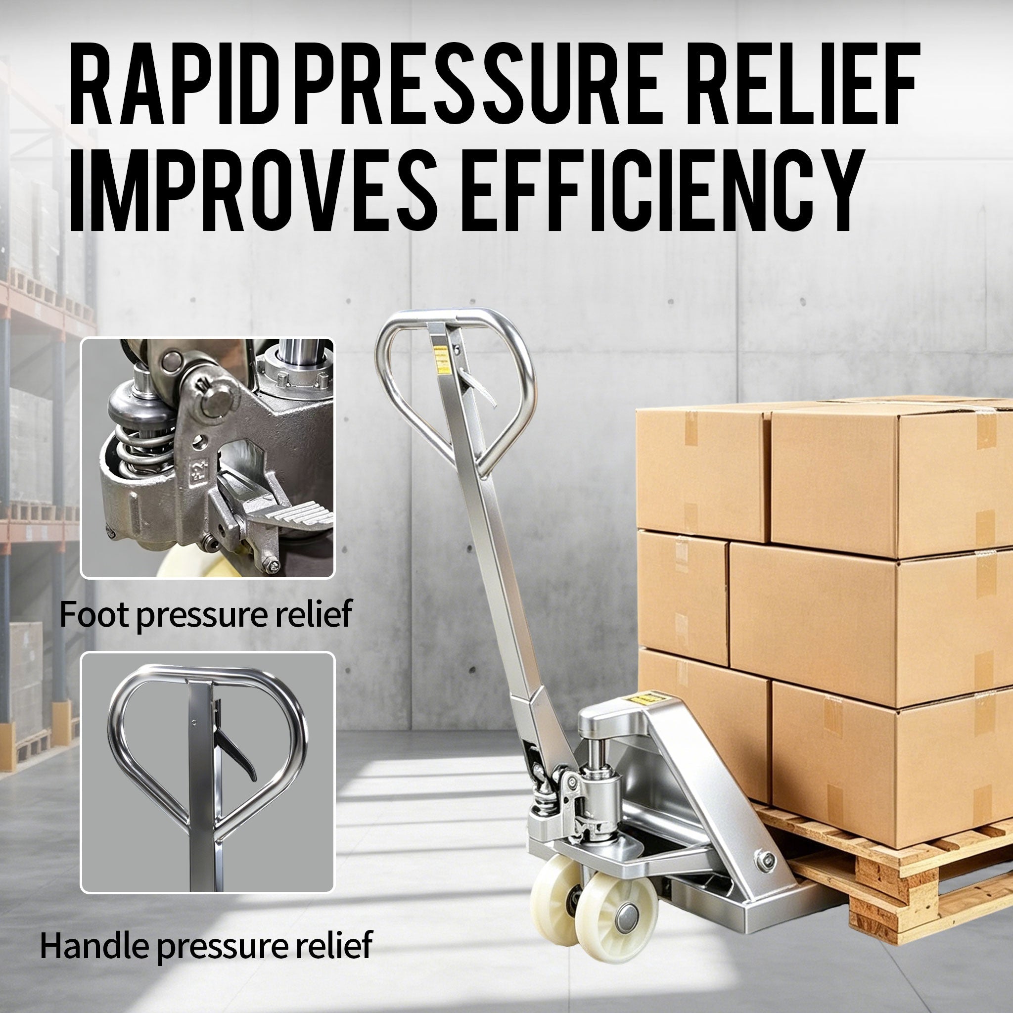 NOVAFORKLIFT stainless steel hydraulic pallet handling truck. Corrosion-resistant stainless steel pallet handling vehicle for refrigerated warehouses and the food industry