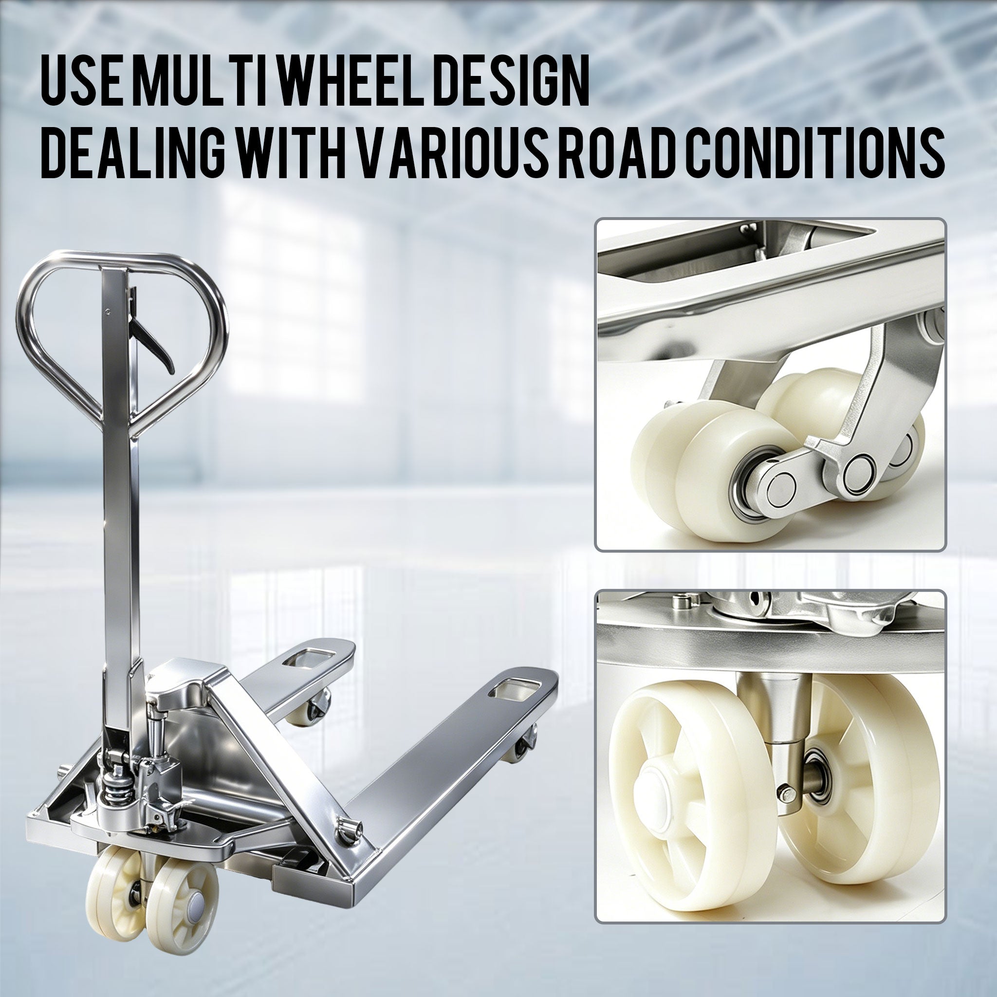 NOVAFORKLIFT stainless steel hydraulic pallet handling truck. Corrosion-resistant stainless steel pallet handling vehicle for refrigerated warehouses and the food industry