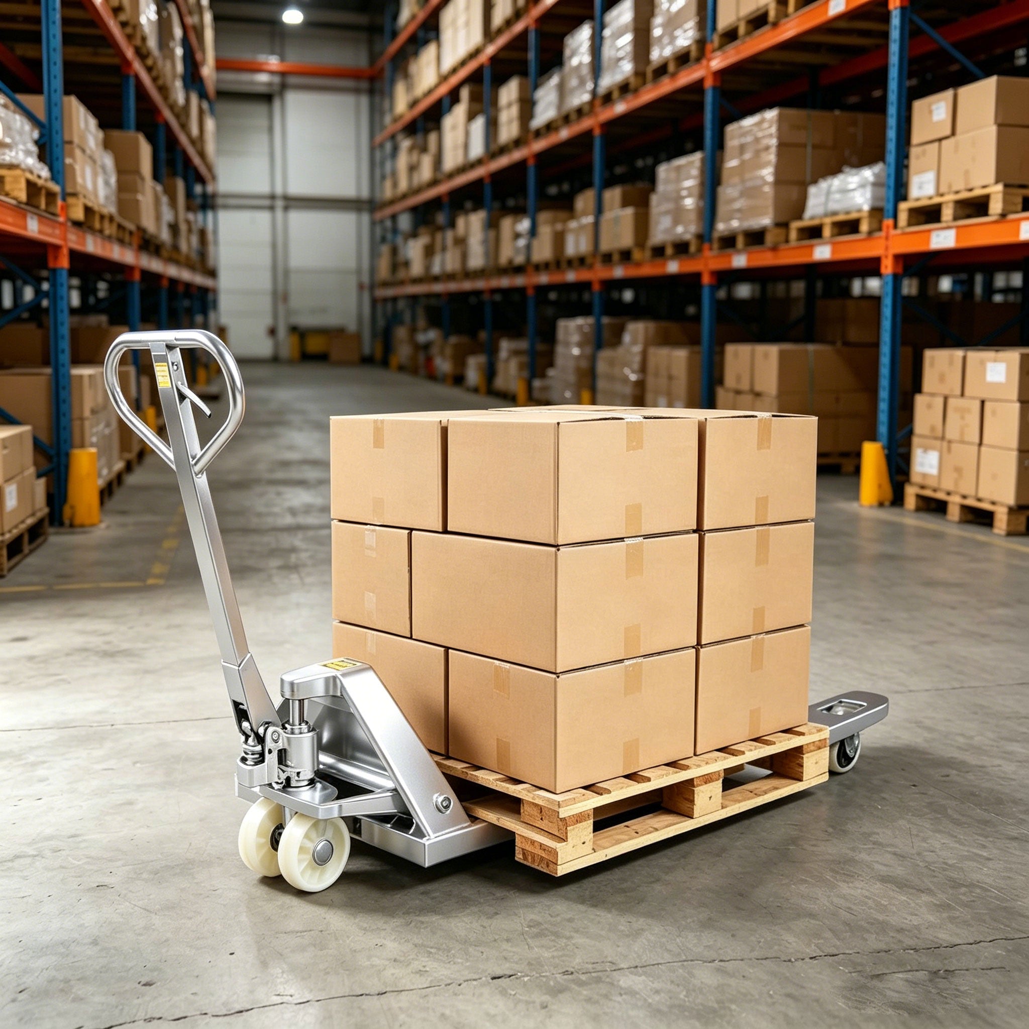 NOVAFORKLIFT stainless steel hydraulic pallet handling truck. Corrosion-resistant stainless steel pallet handling vehicle for refrigerated warehouses and the food industry