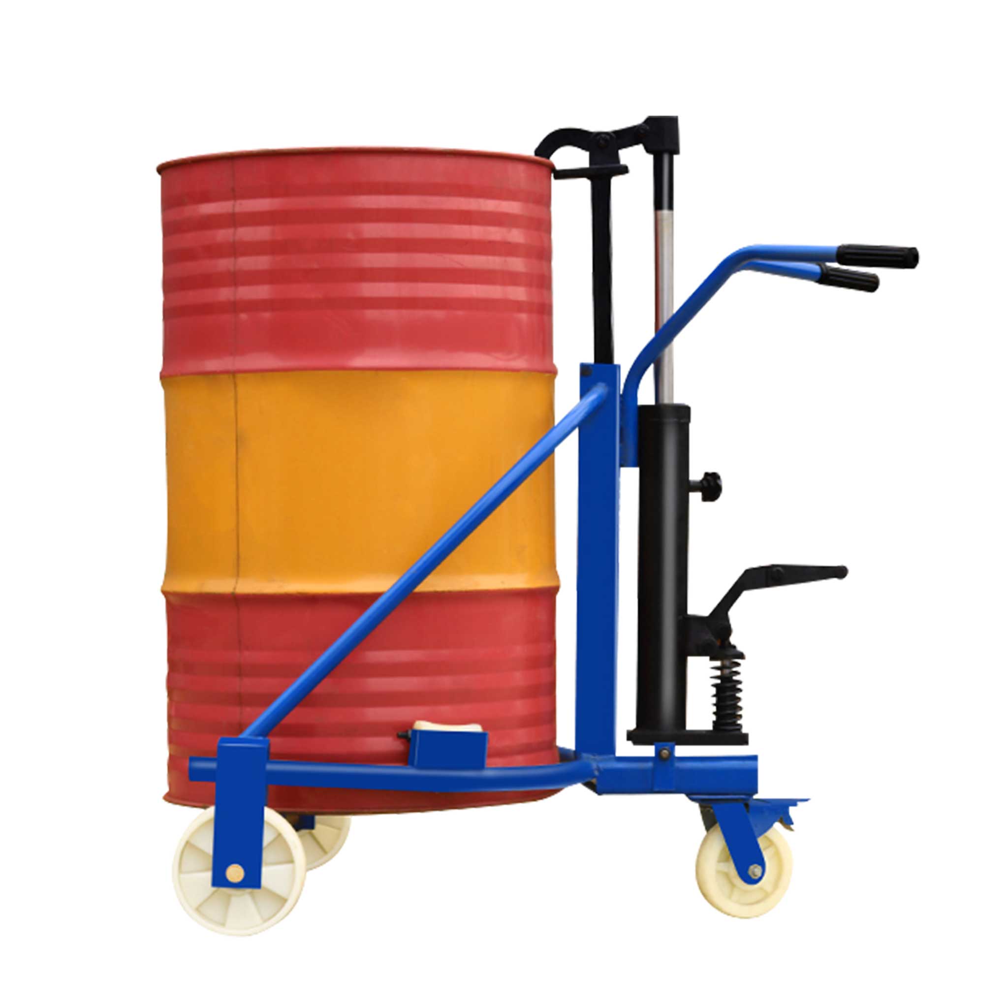 Hydraulic Drum Truck with Eagle Jaw Clamp, 55 Gallon Round Steel Oil Drum Cart, 1000 lbs Capacity, Nylon Wheel, Manual Foot Operated for Warehouse