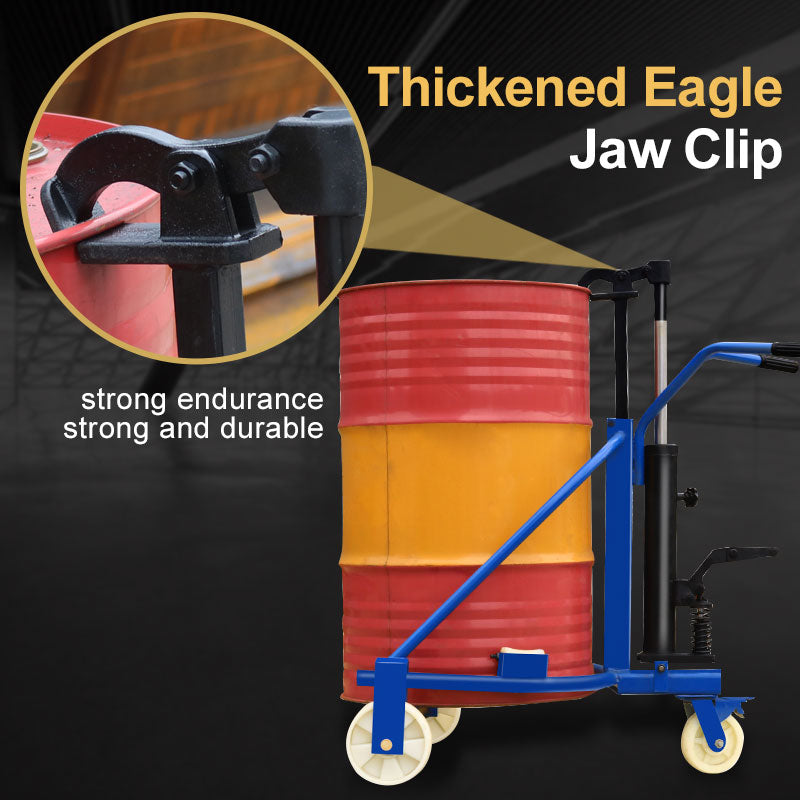 Hydraulic Drum Truck with Eagle Jaw Clamp, 55 Gallon Round Steel Oil Drum Cart, 1000 lbs Capacity, Nylon Wheel, Manual Foot Operated for Warehouse