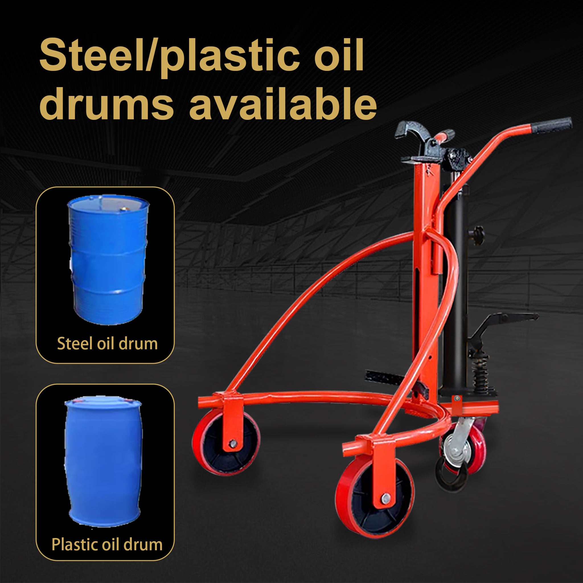 Hydraulic Drum Truck with Eagle Jaw Clamp, 55 Gallon Round Steel Oil Drum Cart, 1000 lbs Capacity, Nylon Wheel, Manual Foot Operated for Warehouse