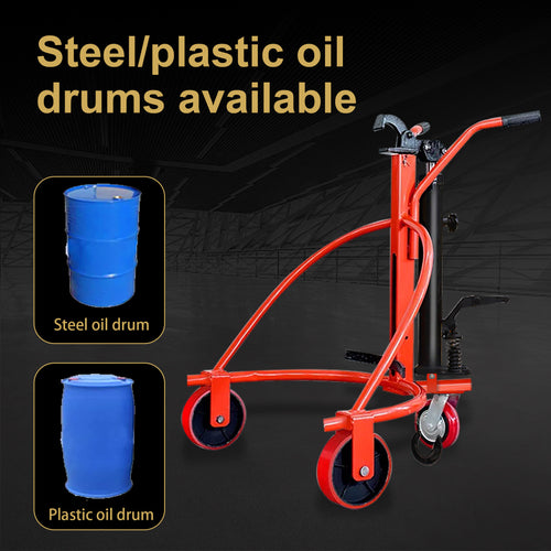 Hydraulic Drum Truck with Eagle Jaw Clamp, 55 Gallon Round Steel Oil Drum Cart, 1000 lbs Capacity, Nylon Wheel, Manual Foot Operated for Warehouse