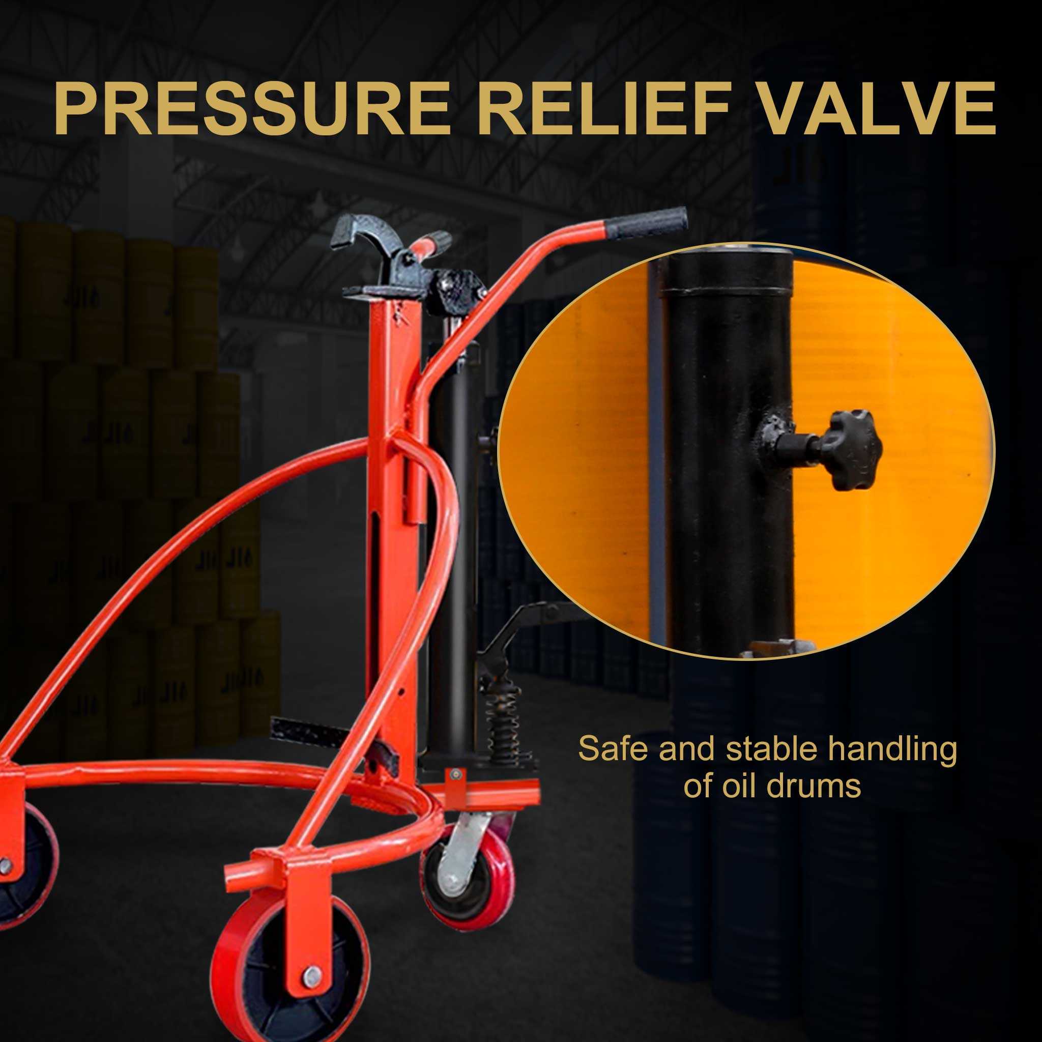 Hydraulic Drum Truck with Eagle Jaw Clamp, 55 Gallon Round Steel Oil Drum Cart, 1000 lbs Capacity, Nylon Wheel, Manual Foot Operated for Warehouse