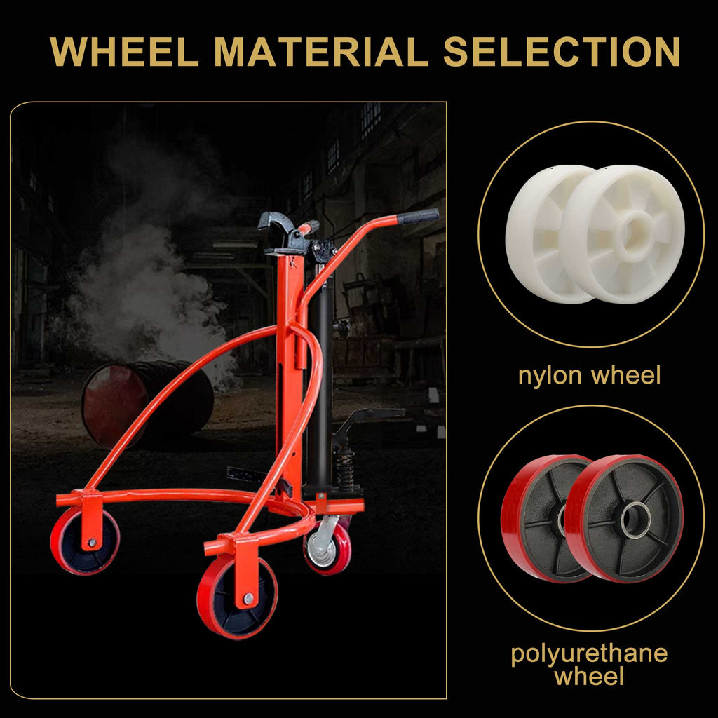 Hydraulic Drum Truck with Eagle Jaw Clamp, 55 Gallon Round Steel Oil Drum Cart, 1000 lbs Capacity, Nylon Wheel, Manual Foot Operated for Warehouse