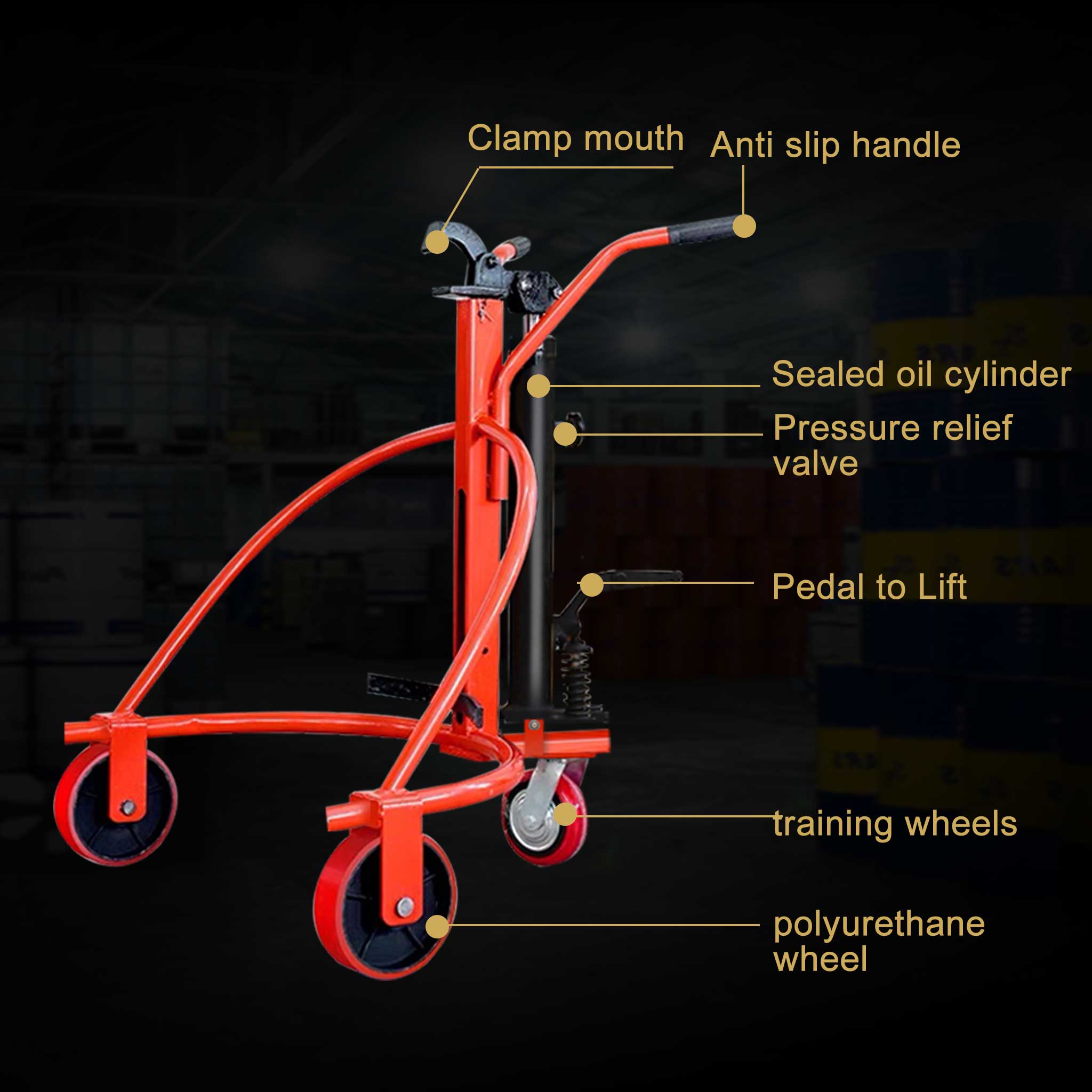 Hydraulic Drum Truck with Eagle Jaw Clamp, 55 Gallon Round Steel Oil Drum Cart, 1000 lbs Capacity, Nylon Wheel, Manual Foot Operated for Warehouse